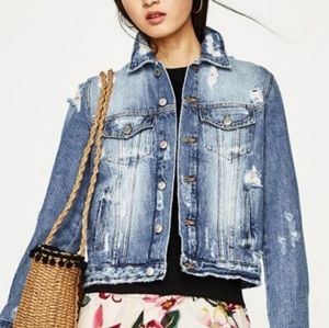 Zara Trafaluc Denimwear Distressed Jean Jacket Denim XS Blue Button Up Denimwear